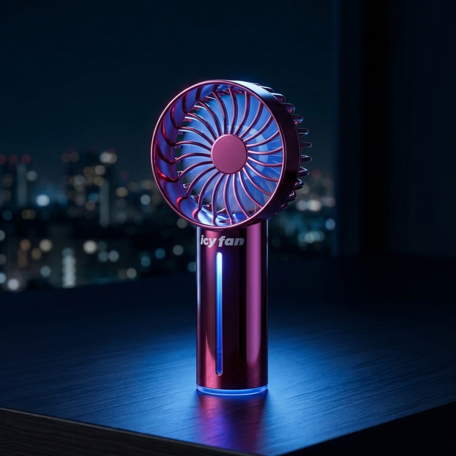 Purple handheld fan on a dark surface with a cityscape in the background
